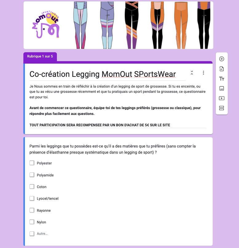 co-création questionnaire legging Momout