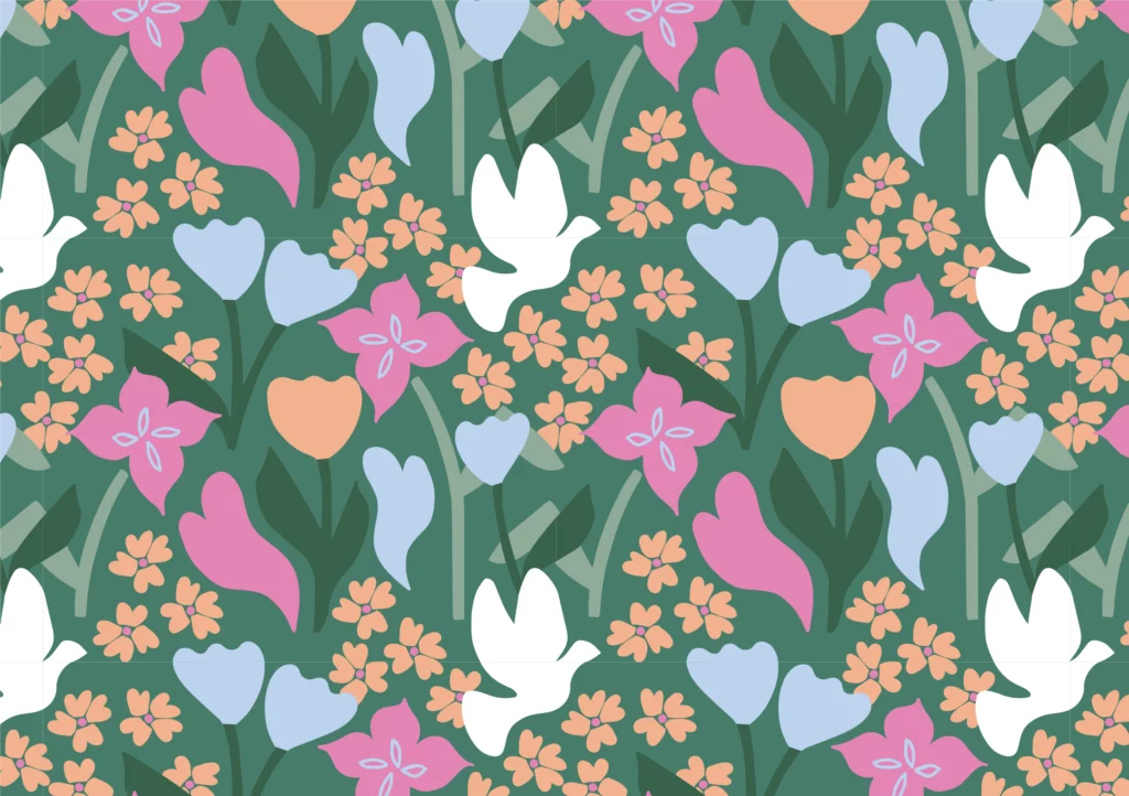 Motifs all over tulipe, colombe et coeur